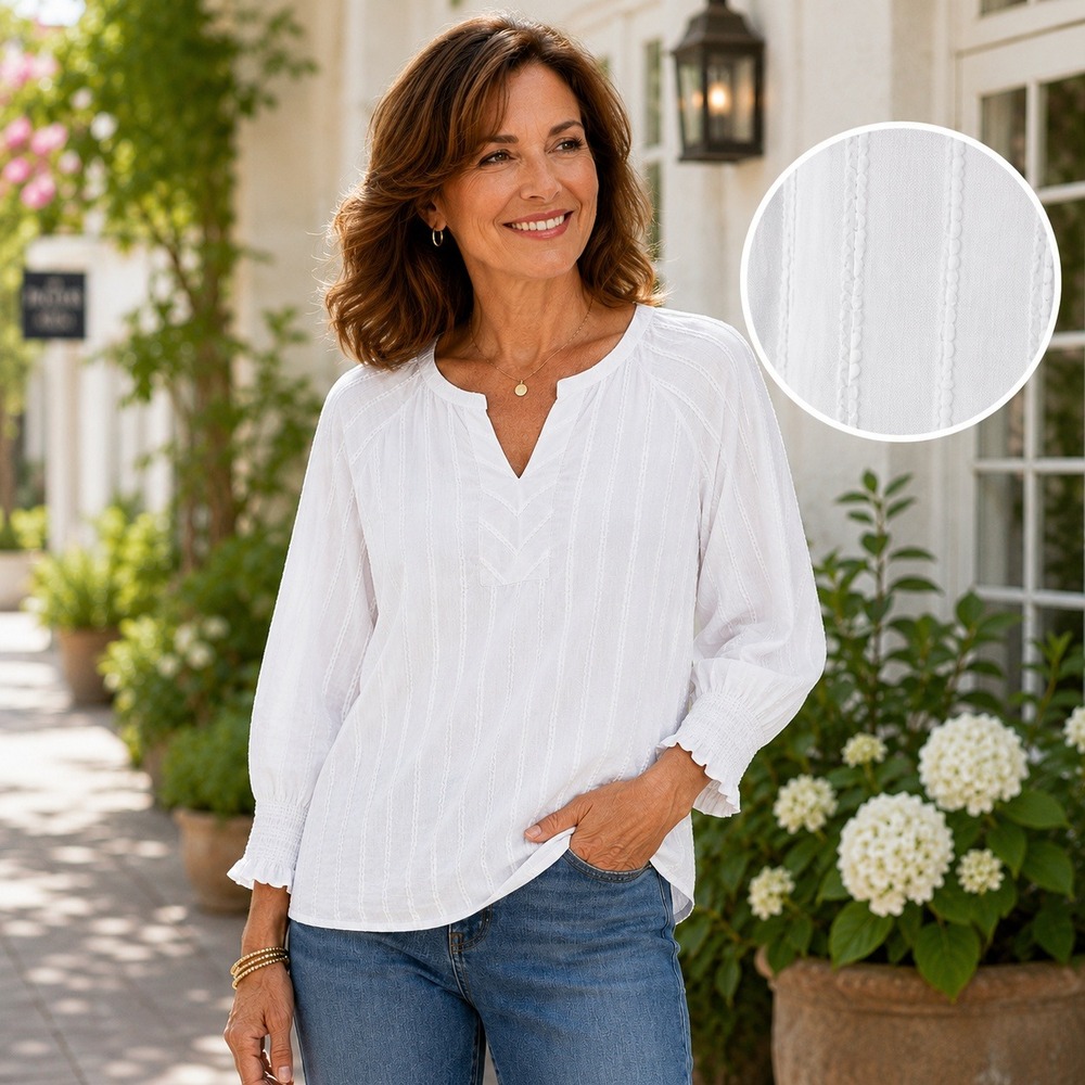 Talbots White Coastal Boho Cotton Textured Stripe Split Neck Blouse Medium